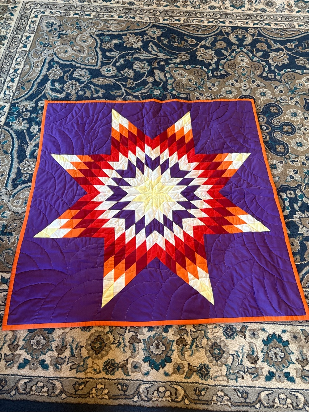 Handmade Purple Star Quilted Throw with Orange Trim Has Hanger in Back